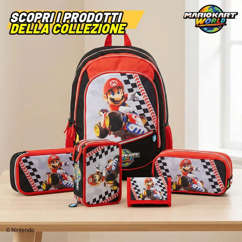 MARIO KART - Astuccio Scuola Ufficiale Mario Kart, Astuccio 3 Scomparti con Set Cancelleria Incluso, Penna Cancellabile Blu, 5 Etichette Adesive, Pratica Chiusura a Zip, 20x13Hx7 cm