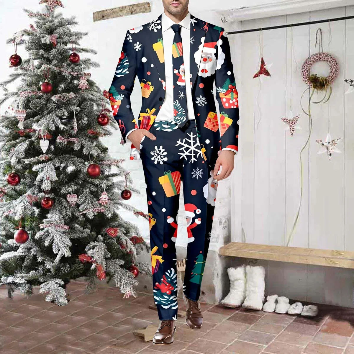 Generisch Vestito di Natale da uomo brutto costume di Natale festivo abito da uomo 2 pezzi affari smoking tuta stampa divertente Natale abiti da sposa