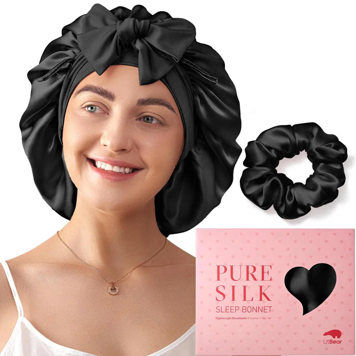 LitBear Cuffia da Notte per Donna in Seta di Gelso 100%, 6A 22 Momme, per Capelli Ricci e Lunghi, Doppio Strato con Fascia Regolabile, Elastico Incluso