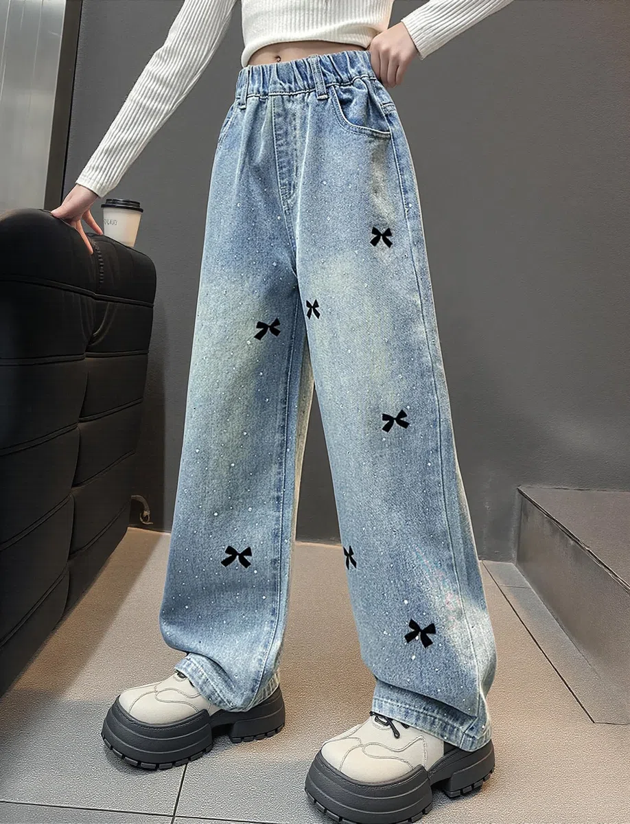 FEOYA Jeans Baggy per Bambina 5-13 Anni, Vita Elastica, Tasche, Denim Vintage con Cuori, Wide Leg Pantaloni Larghi per Ragazza