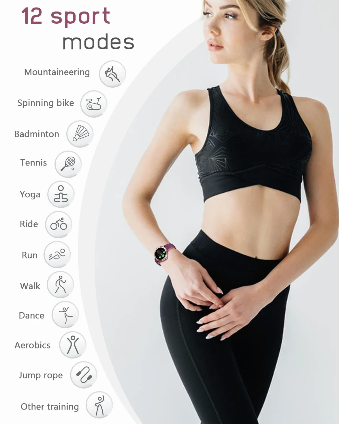 LYNN Smartwatch Donna Orologio Fitness Sportivo Smart Watch Tondo Quadrante Android iOS Activity Tracker Cardio SpO2 Impermeabile IP68 Sfondo Personalizzabile Ciclo Mestruale Timer Viola