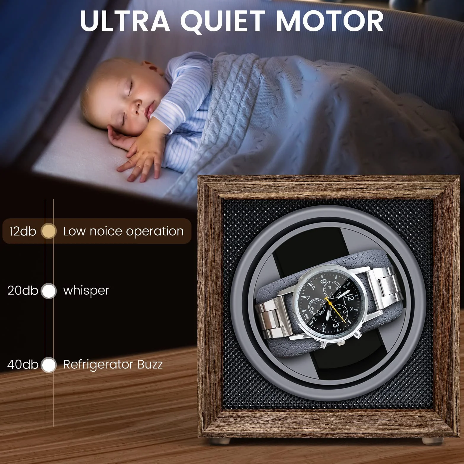 Avvolgitore automatico per orologi, scatola carica orologi singolo per 1 orologio, a carica automatica, in legno, con motore silenzioso, alimentato tramite USB