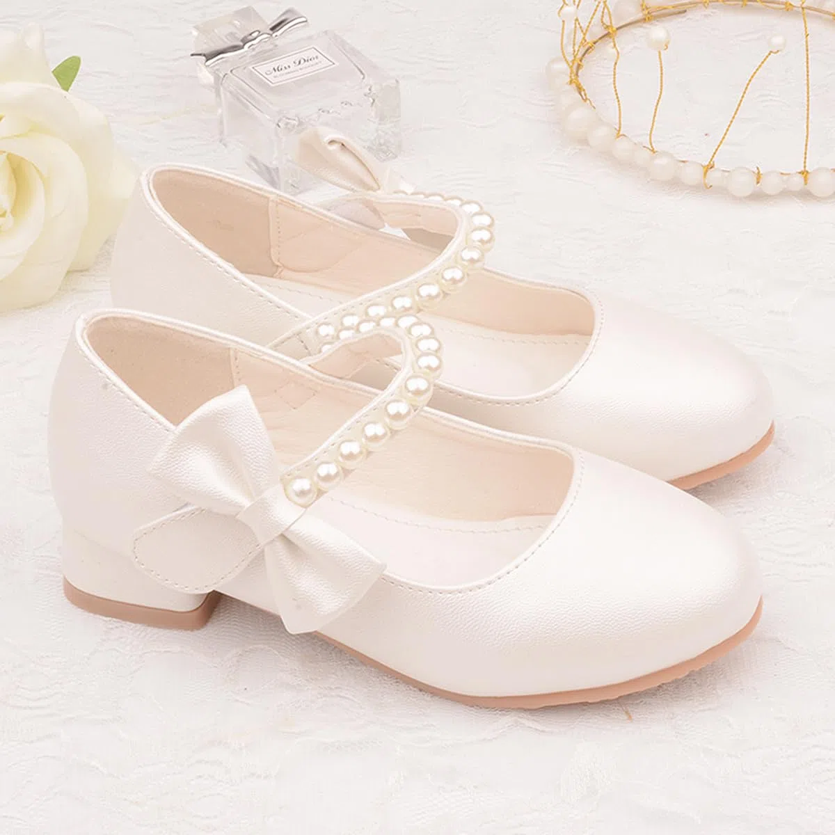 Scarpe da Principessa per Ragazze Perle Papillon Scarpe Eleganti Mary Jane Bambina con Tacco per Matrimoni e Feste