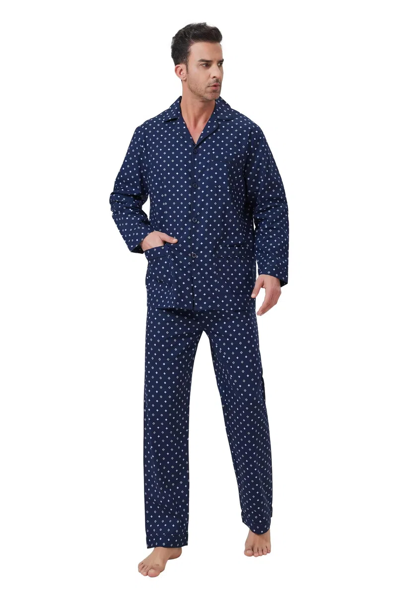 Amaxer Classico Pigiama da Uomo in Due Pezzi,in Cotone,da Notte,a Maniche Lunghe,con Tasche,con Coulisse