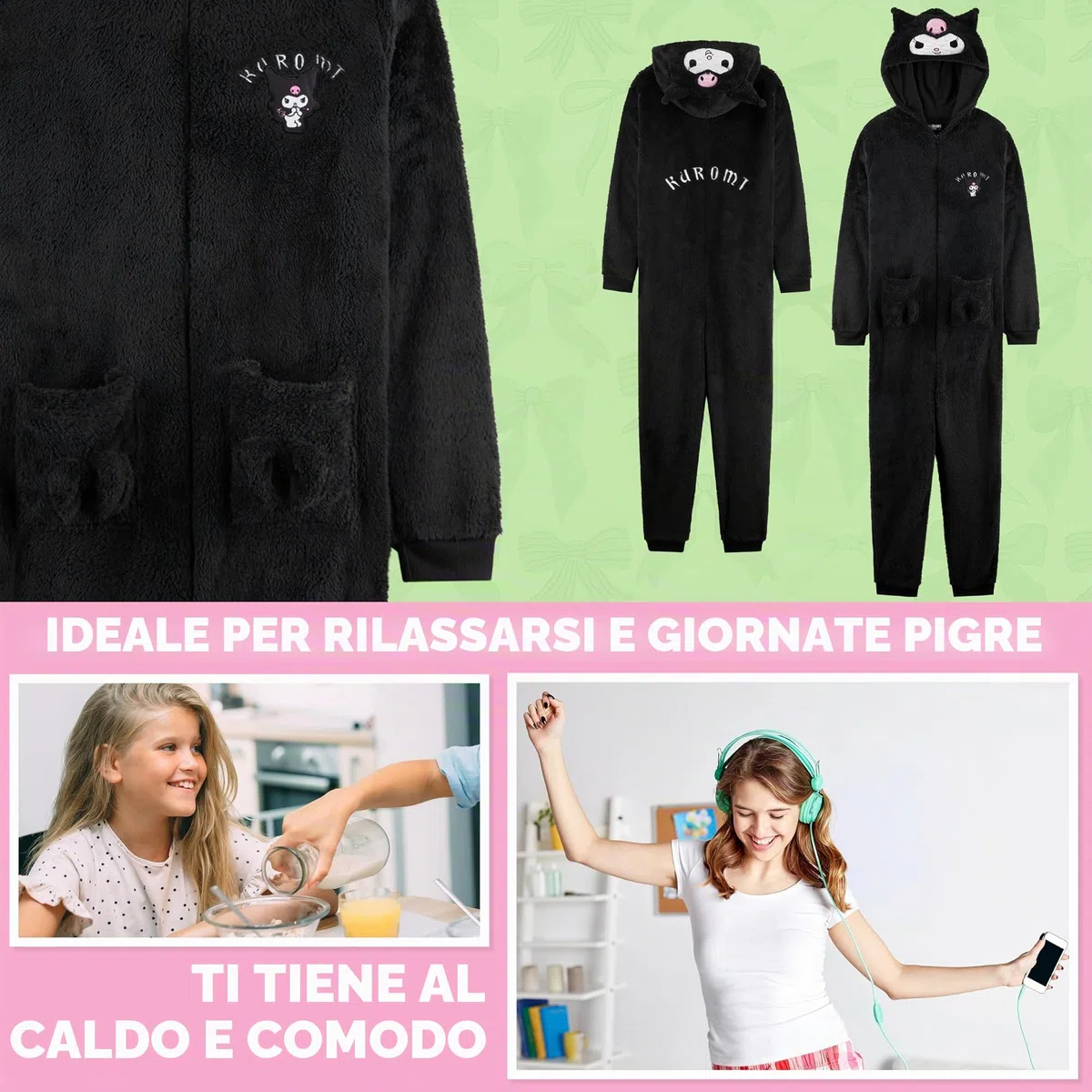 Hello Kitty Sanrio Tuta Intera Bambina con Cappuccio, Accogliente Abbigliamento da Casa, Kawaii Anime Pigiama Intero Ragazza