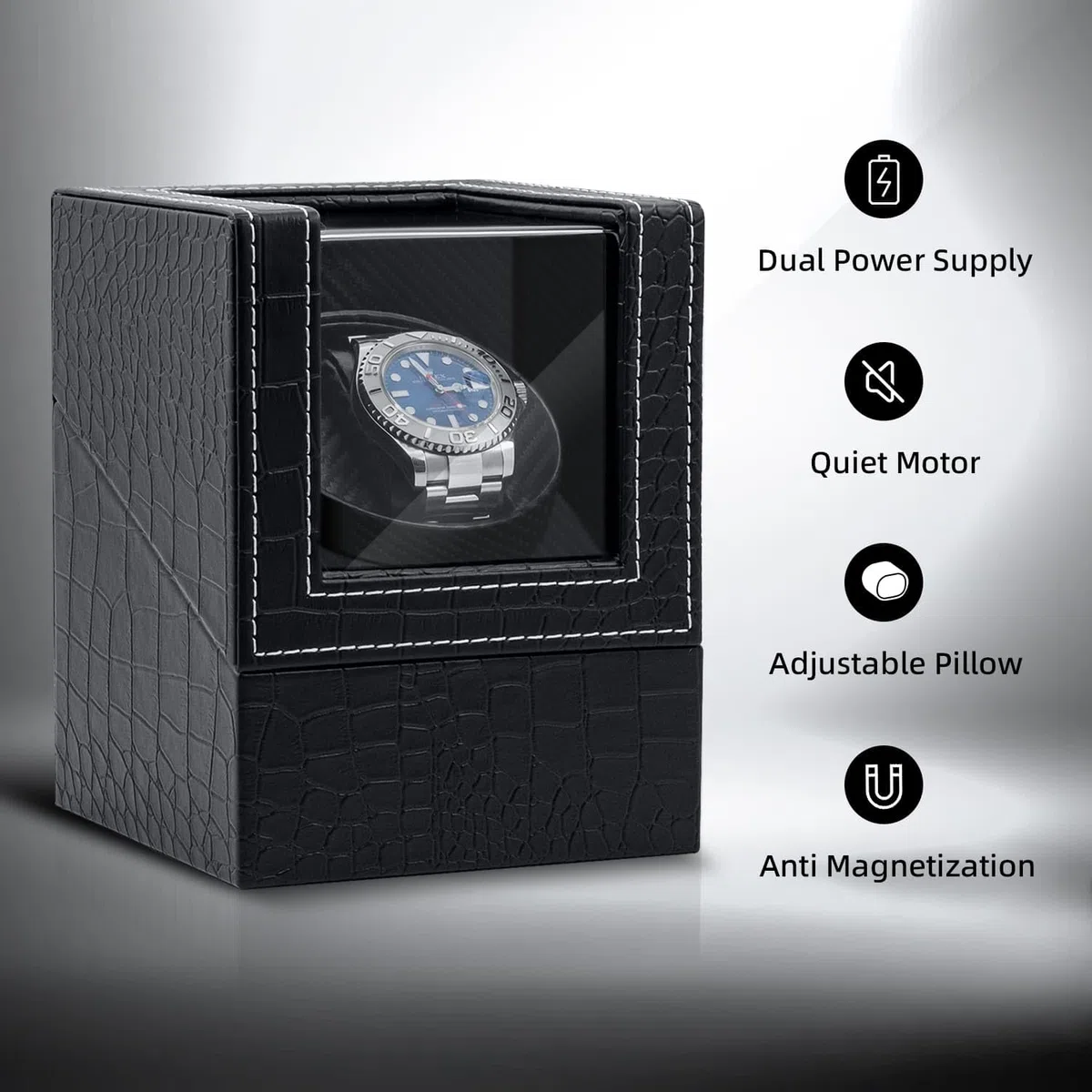 Mcbazel Scatola Carica Orologio Automatici, Scatola Avvolgitore per orologi 1 Slot Crocodile Pelle Pattern Accessori per Custodie per Orologi con Spina Europea - Nero