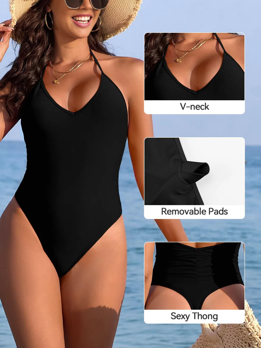 SHEKINI Costume intero da bagno da donna con scollo a V, allacciatura al collo, con schiena scoperta e taglio alto, sexy, tanga monokini, costume da bagno