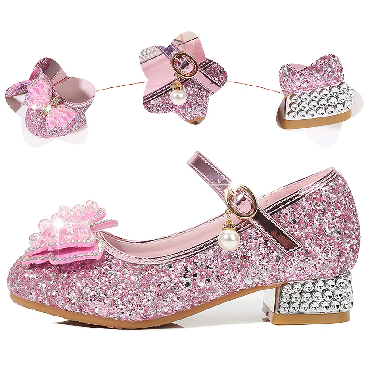 Principessa Scarpe con Tacco da Bambine e Ragazze con Fiocchi Scarpe da Principessa con Paillettes Ragazza Ballerine Glitterate Scarpe Eleganti Partito e Carnevale，Rosa