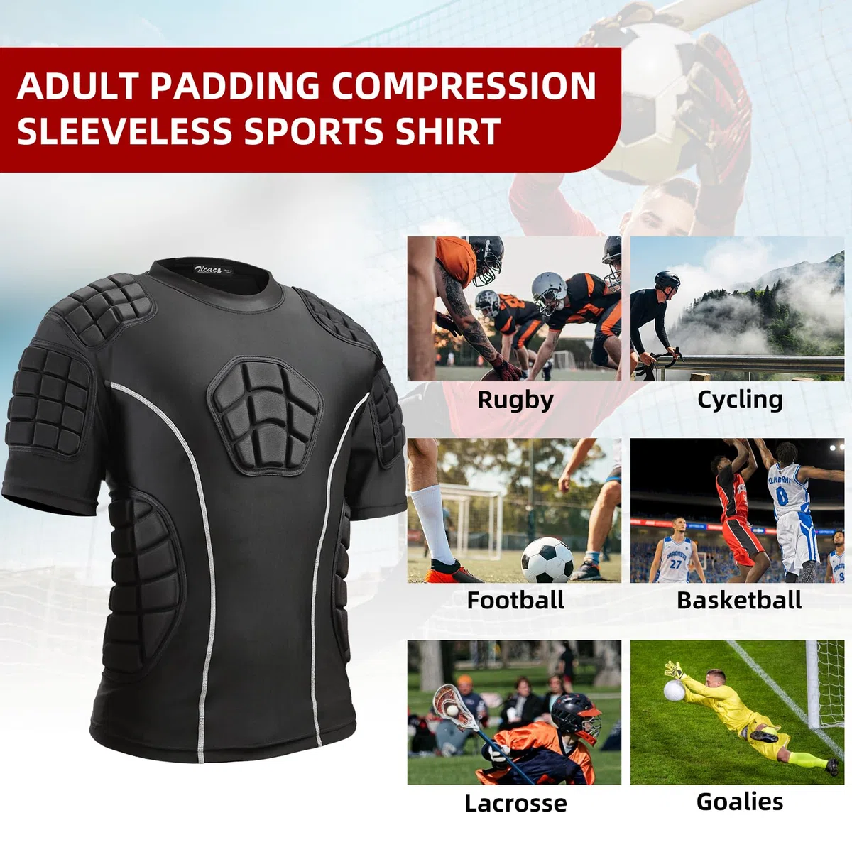 Zicac Maglia da Uomo Imbottita Compressione con Protezione Antiurto, Maniche Corte Maglia Sportiva Equipaggiamento Protettivo Pettorale Protezioni per Esterni/Fitness/Calcio/Basket/Sci/Rugby