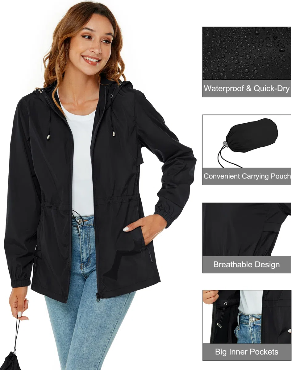 Rapbin Impermeabile da donna giacca impermeabile leggera cappotti antipioggia all'aperto trench cappotto pieghevole con cappuccio impermeabile con tasca