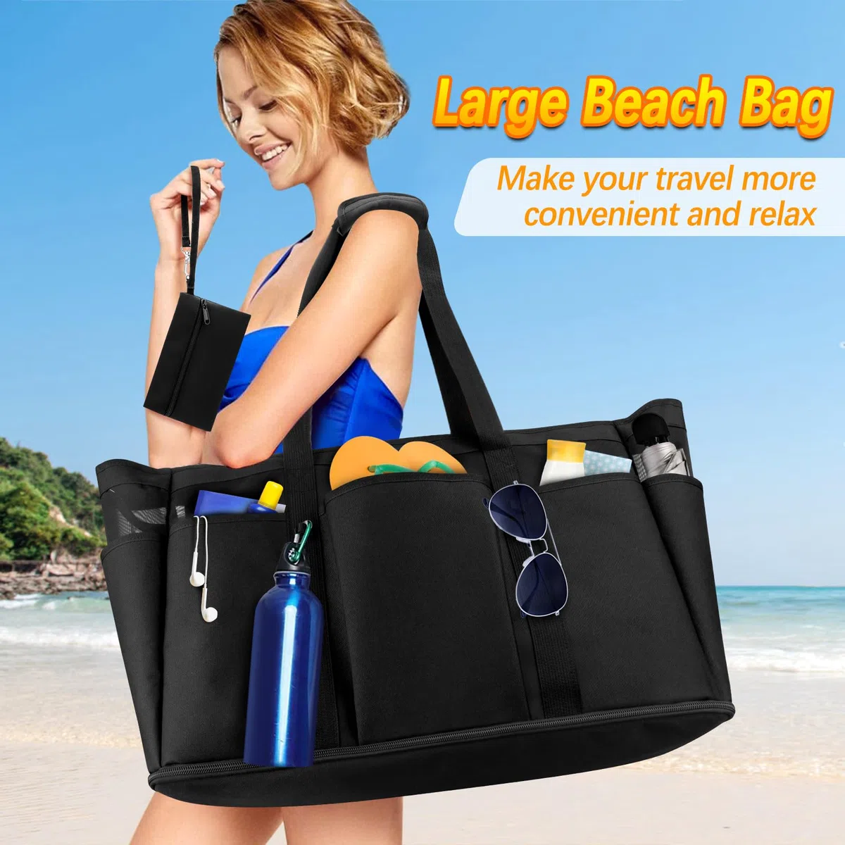 Grande Borsa da Spiaggia 45L Borsa Mare Donna Famiglia con Chiusura Zip 50x35x20cm XXL Shopper Weekender Borsone Tote Bag per Shopping Viaggio Picnic