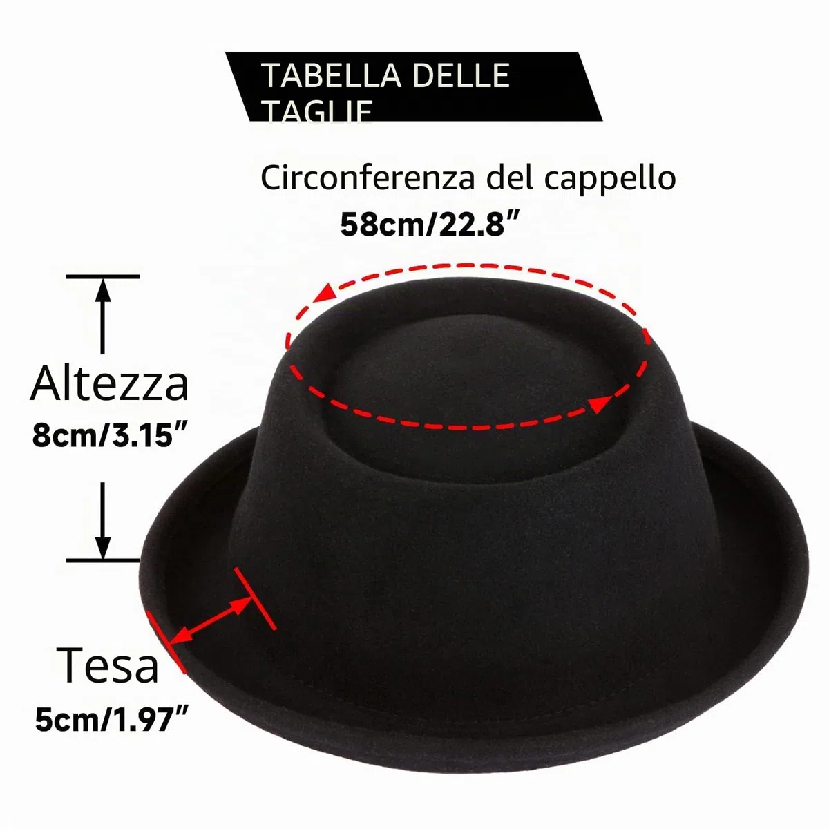 GEMVIE Pork Pie Cappello per Uomo Donna 100% Feltro di Lana Fedora Trilby Cappello Nero Adulto Unisex Porkpie Cappelli