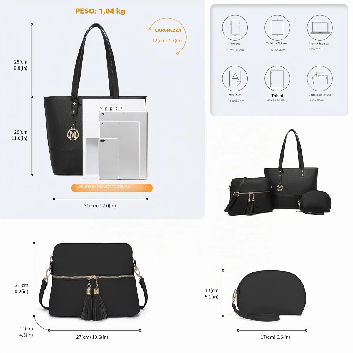 Miss Lulu Borse Mano Donna Pelle, Pochette Donna Multifunzione Set 3 Pezzi, Borsa Tracolla Spalla, Borse Tote Elegante Università Lavoro
