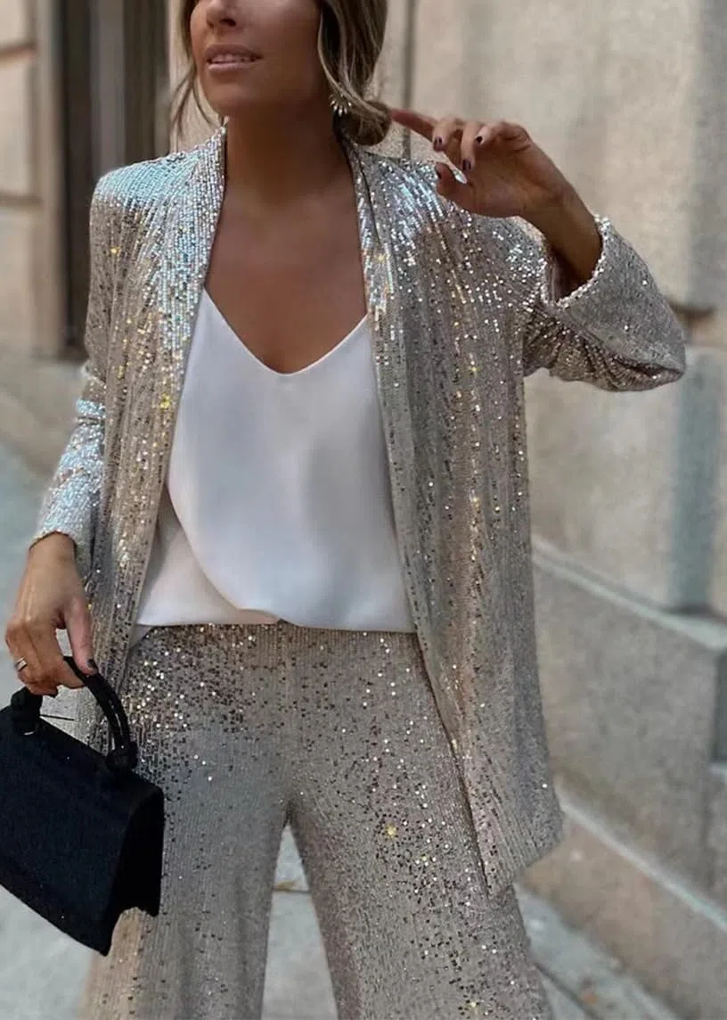shownicer Completo da Donna in Due Pezzi con Paillettes Elegante Tailleur Pantaloni e Giacca da Completo Blazer a Maniche Lunghe Tuta