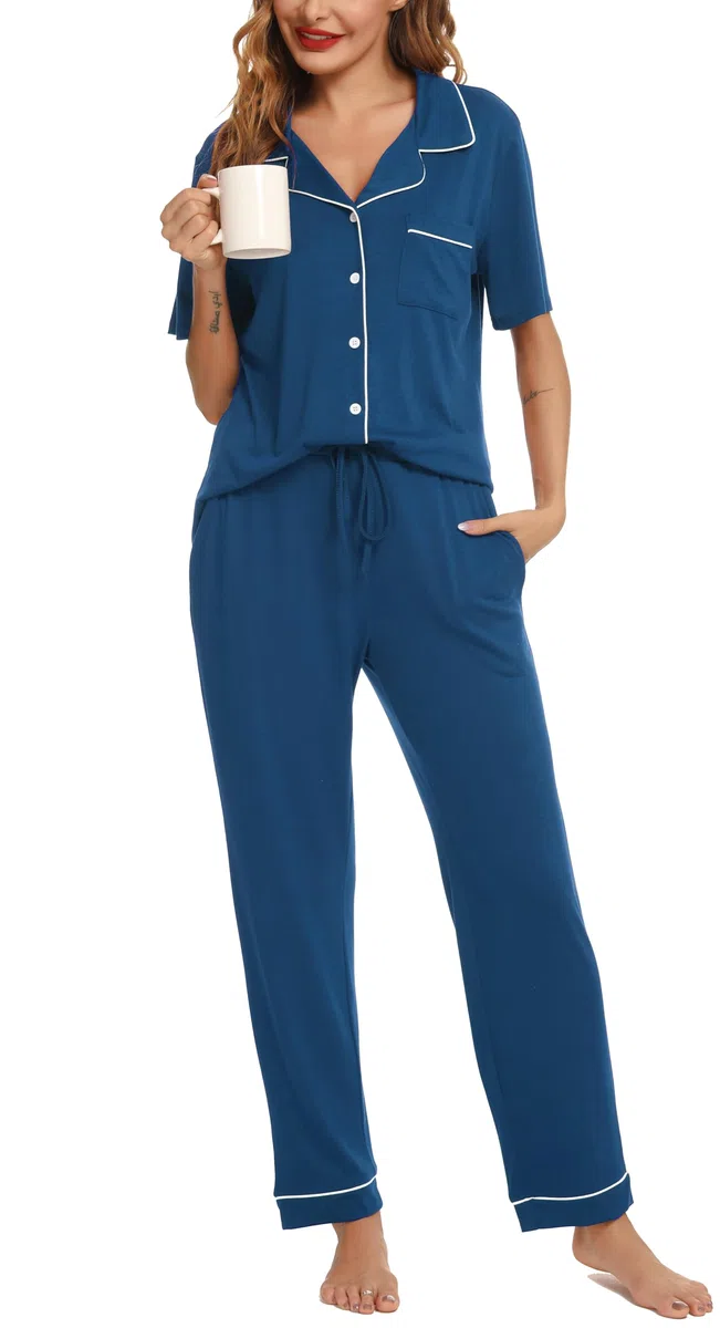 Lovasy Pigiama Donna Estivo Set,Corta Pigiama Camicia con Bottoni sul Bavero Comodo Pantaloni Lunghi Traspiranti Pigiama da Casa Casual in Due Pezzi S-XXL