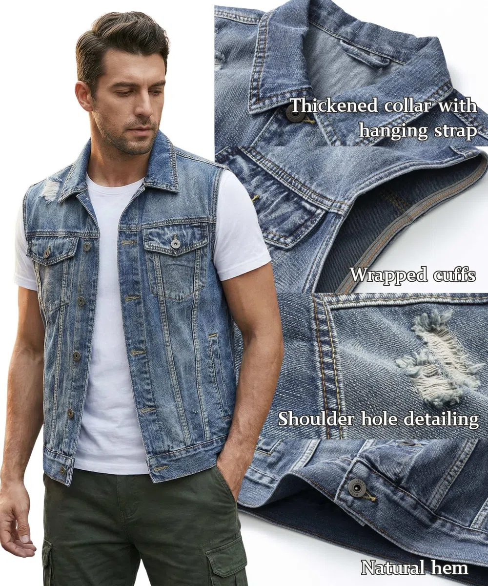 Gilet Smanicato in Jeans Uomo Gilet Vintage Strappato Denim Gilets Moto Cowboy Senza Maniche Casual Punk Biker Gilet