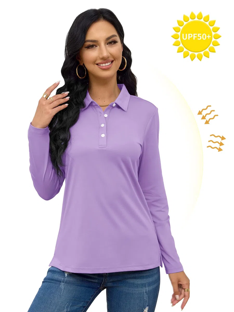 TACVASEN Polo da donna a maniche lunghe da golf, ad asciugatura rapida, leggera, con protezione solare UPF 50+, con 4 bottoni