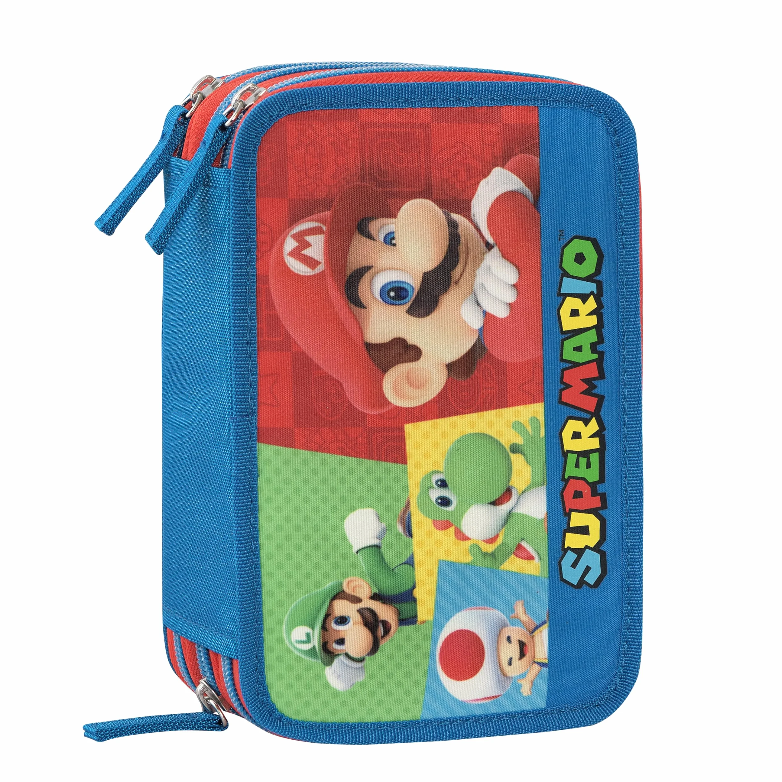 SUPER MARIO - Astuccio Scuola Ufficiale Super Mario, Astuccio 3 Scomparti Bambino e Bambina con Set Cancelleria, Penna Cancellabile Blu e Pratica Chiusura a Zip, 20x13Hx7 cm