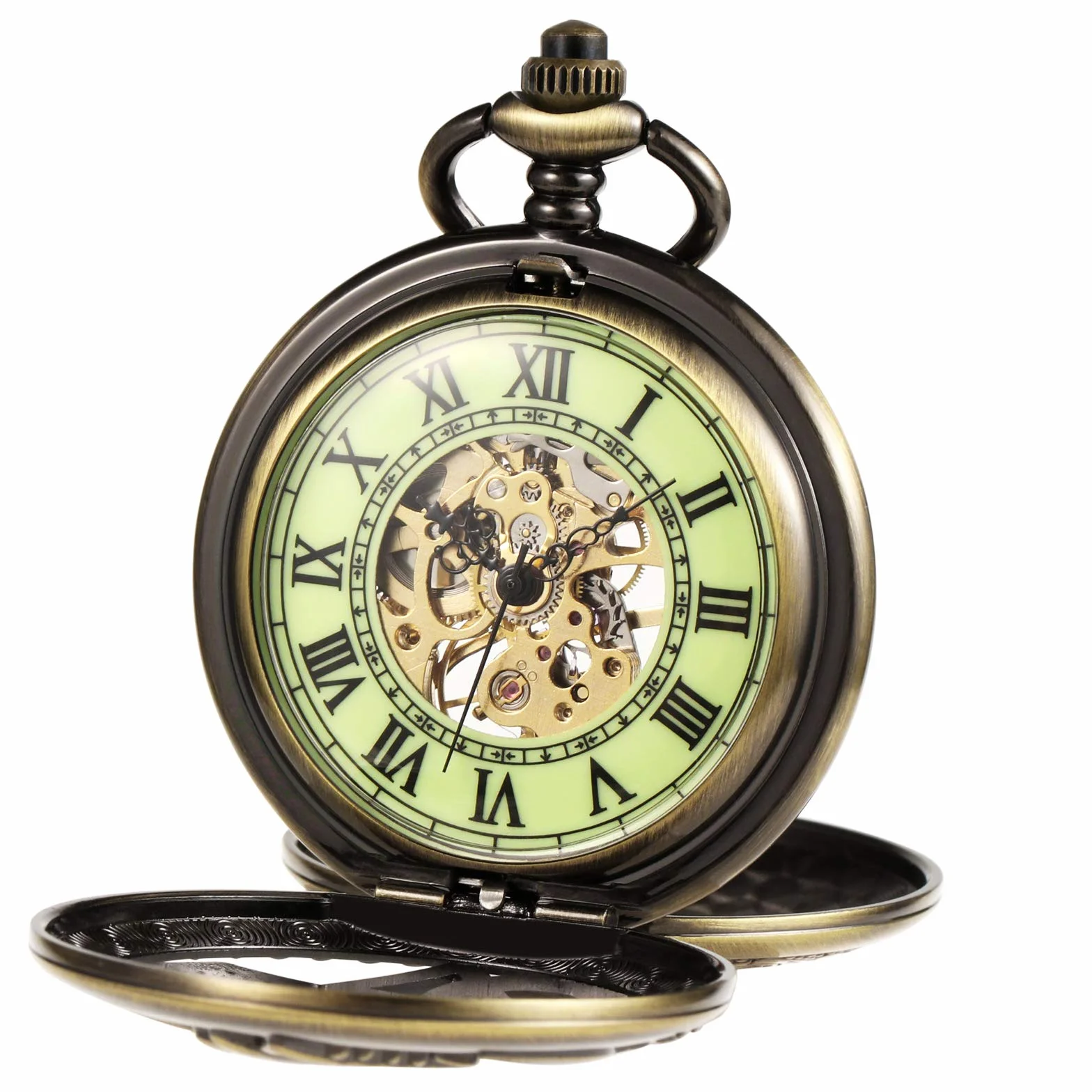 TREEWETO Fullmetal Alchemist - Orologio da taschino meccanico a doppia copertura, con scheletro Steampunk, da uomo e donna, con catena