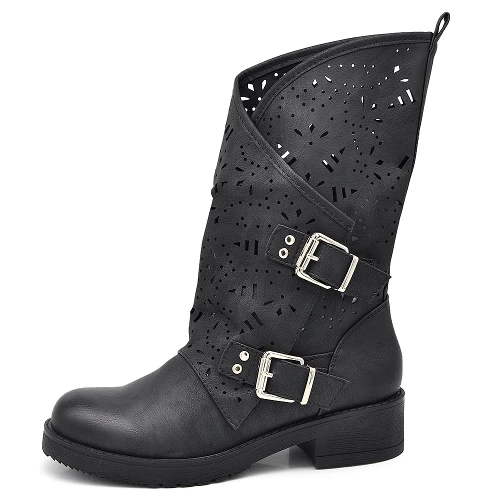 IF Fashion Scarpe Stivali da Donna Al Polpaccio Largo Biker Motociclista Con Fibbie Anfibi WZ688-66
