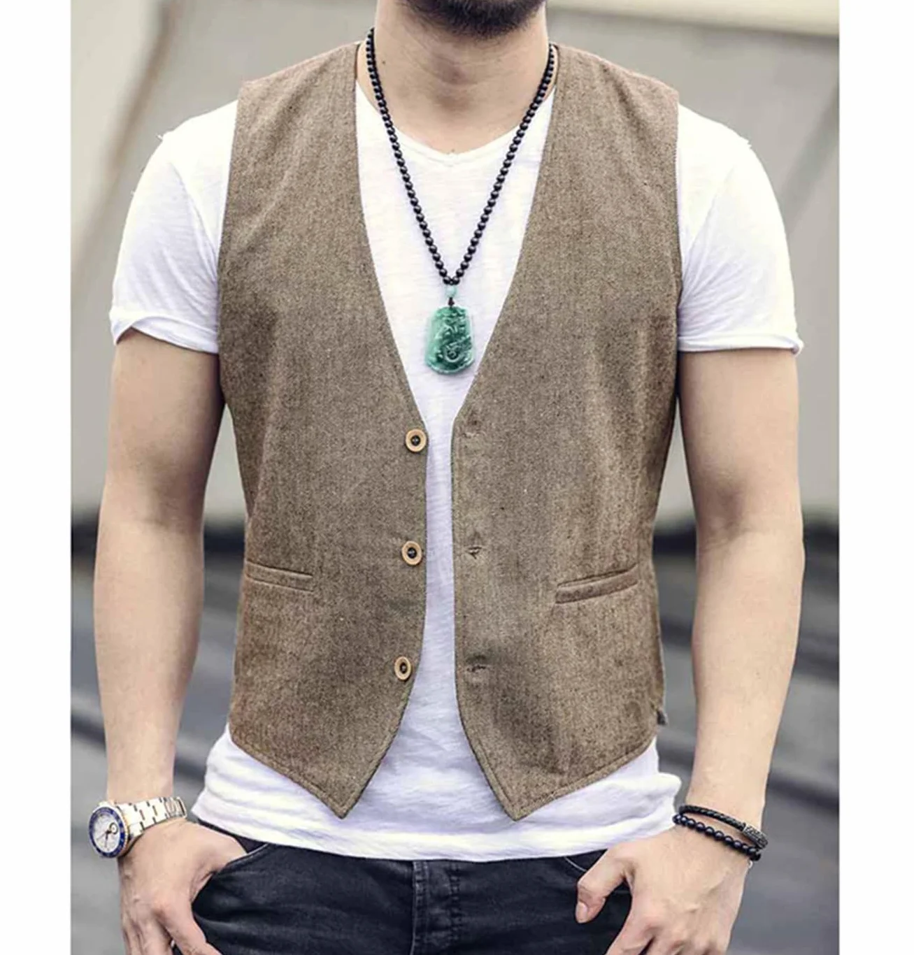 Gilet estivo da uomo in lino, dallo stile casual e con taglio dritto