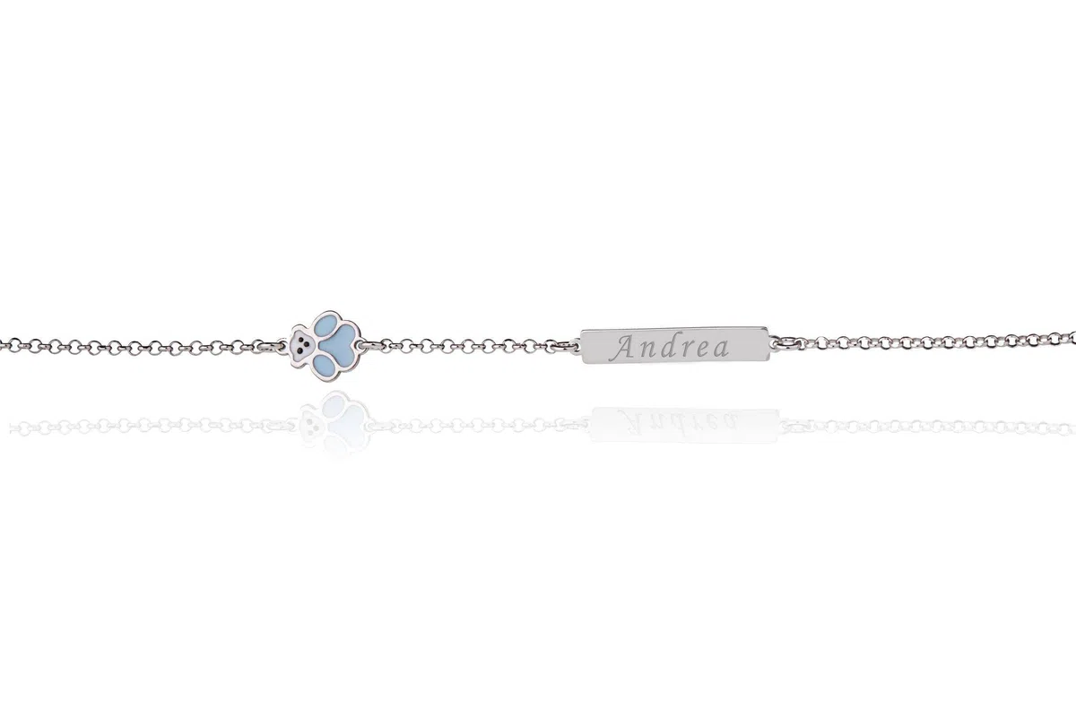 Sakrami Bracciale Bambini Argento 925 Piastrina Incidibile con Nome Orsetto Smaltato Kids Collection + Confezione Regalo Personalizzata - Braccialetto per Nascita Comunione o Battesimo