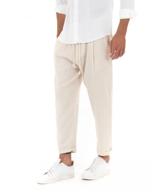 Giosal Pantalone Uomo Elastico Lino Tinta Unita Cavallo Basso Casual Vari Colori