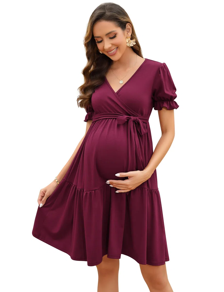 KOJOOIN Abito Premaman da Donna Abito da Allattamento con Scollo A V Elegante Abito Premaman con Maniche A Sbuffo con Volant
