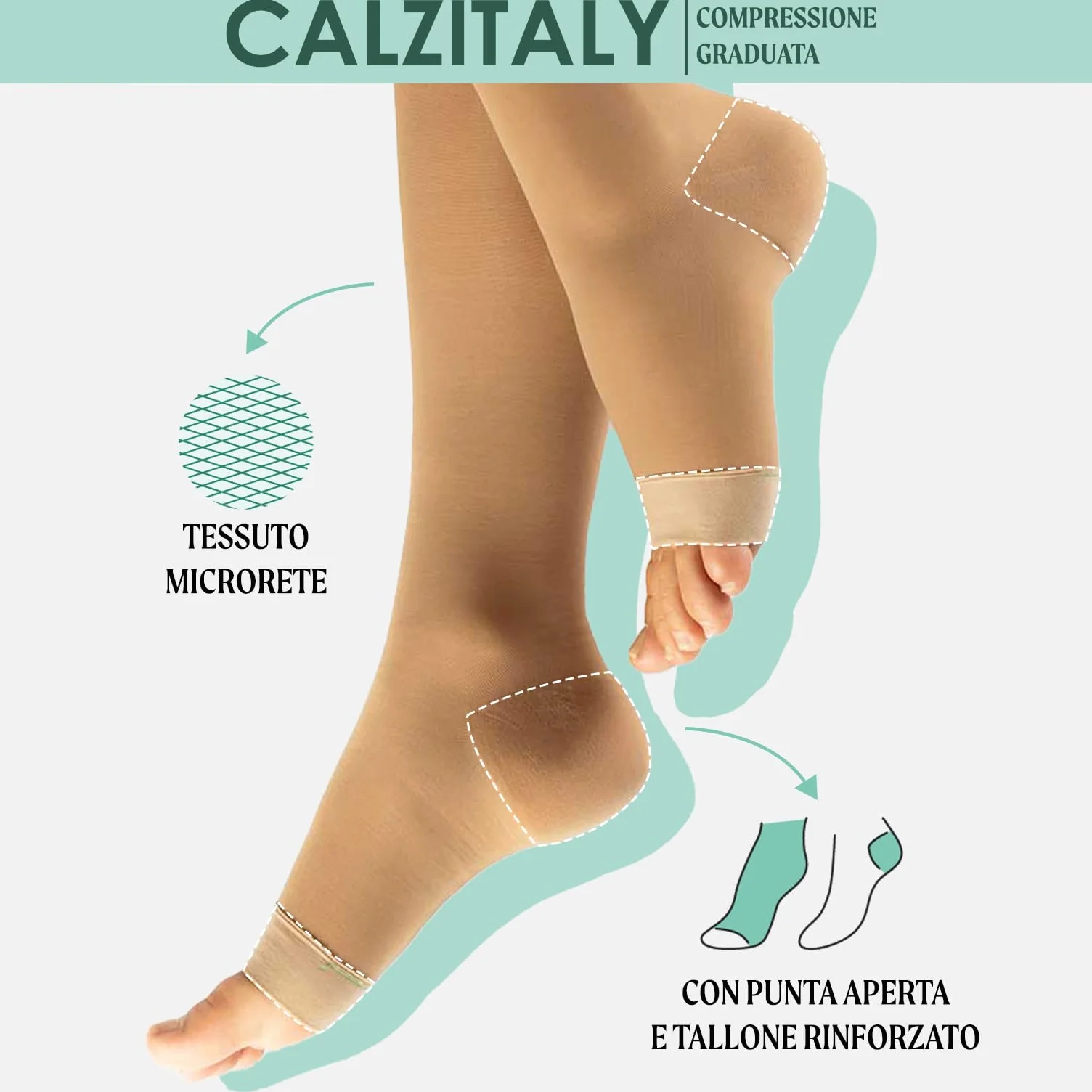 CALZITALY 1/2 Paia Calze Autoreggenti a Compressione Graduata Forte Medicali a Punta Aperta 15-21 mm/Hg | Nero, Naturale | S, M, L, XL | 140 DEN | Made in Italy