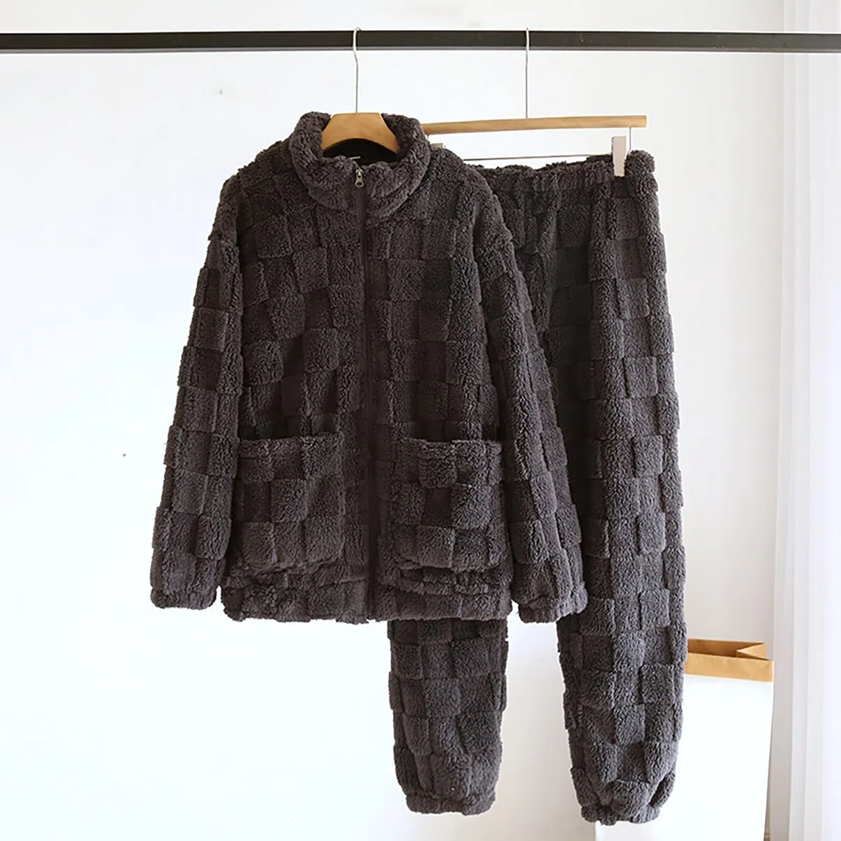 Set da casa da uomo in pile testurizzato, tuta in flanella per uomini e donne, giacca con cerniera con tasche e pantaloni, abbigliamento per la casa in peluche per il comfort invernale, set pigiama