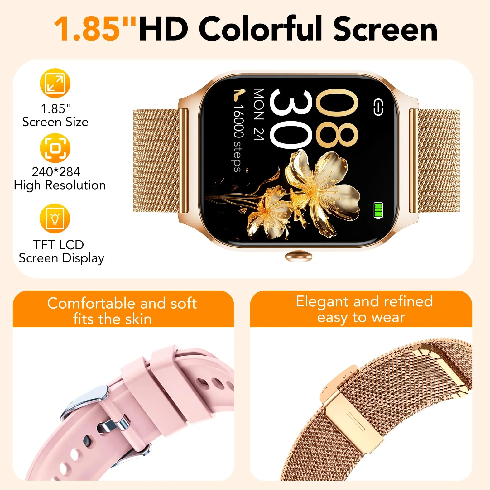 CASCHO Smartwatch Donna,1.85''Orologio Smartwatch Donna con Chiamate/Notifiche WhatsApp,120 Modalità Sportive/Sonno/Cardiofrequenzimetro/SpO2/Contapassi,Smart Watch per Android iOS(Doppio Cinturino)