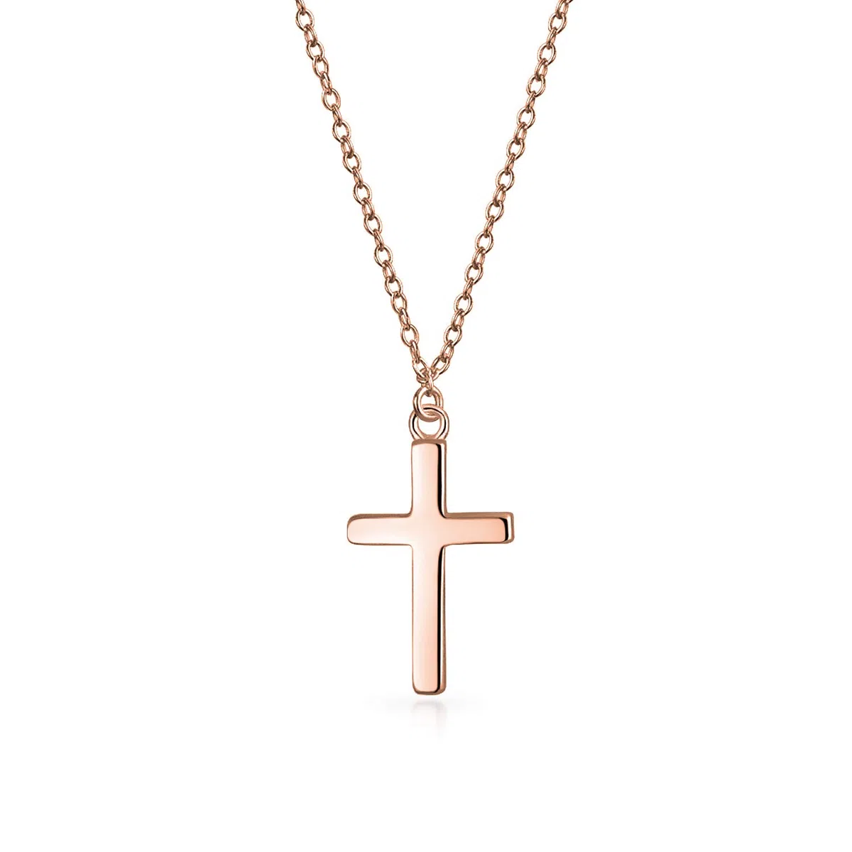 Bling Jewelry Minimalista Semplice Piatto Piccolo Religioso Latino Croce Ciondolo Collana per Adolescenti Oro Rosa Placcato .925 Argento Sterling