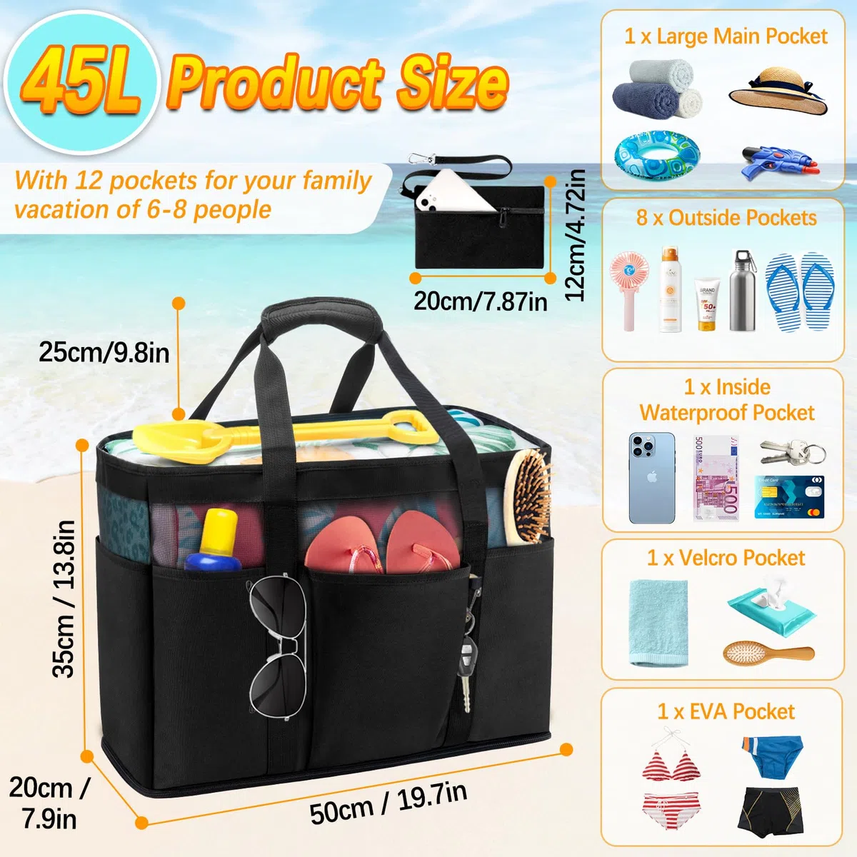 Grande Borsa da Spiaggia 45L Borsa Mare Donna Famiglia con Chiusura Zip 50x35x20cm XXL Shopper Weekender Borsone Tote Bag per Shopping Viaggio Picnic