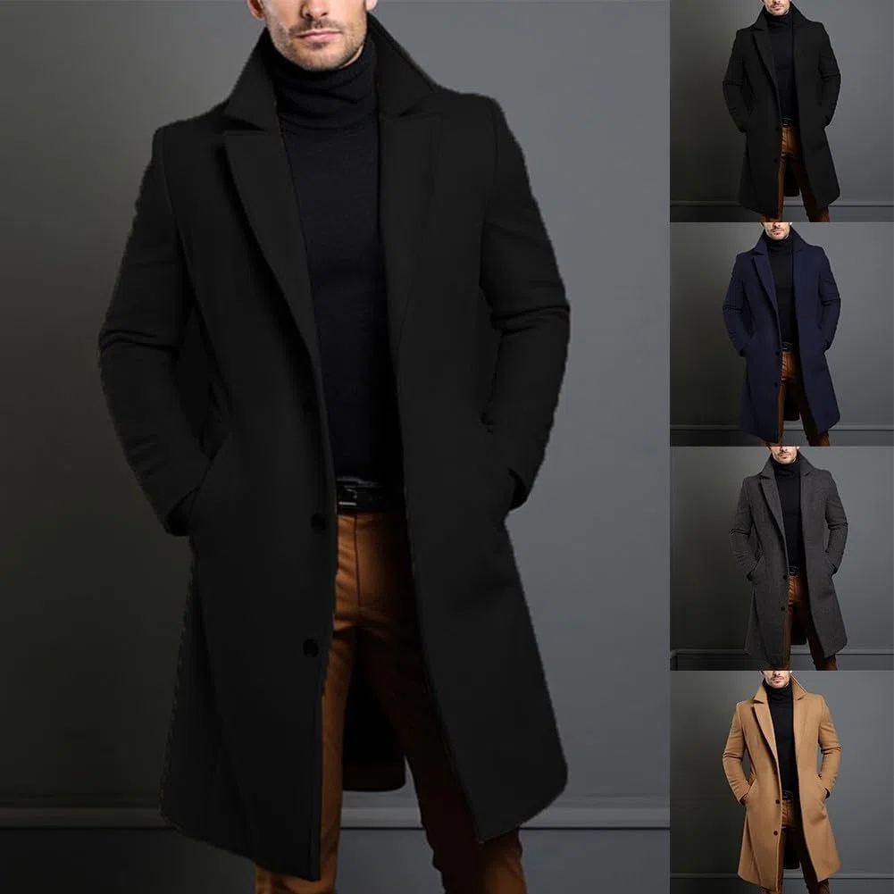 Cappotto da uomo nero di lusso, soprabito lungo e caldo a petto singolo (S Grigio scuro)