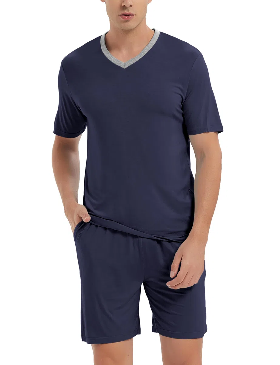MoFiz Pigiama Uomo Estivo Corto Pigiami Due Pezzi da Uomo Set Manica Corta Scollo a V Pigiama Camicia e Pantaloncini Morbido Comoda con Tasche