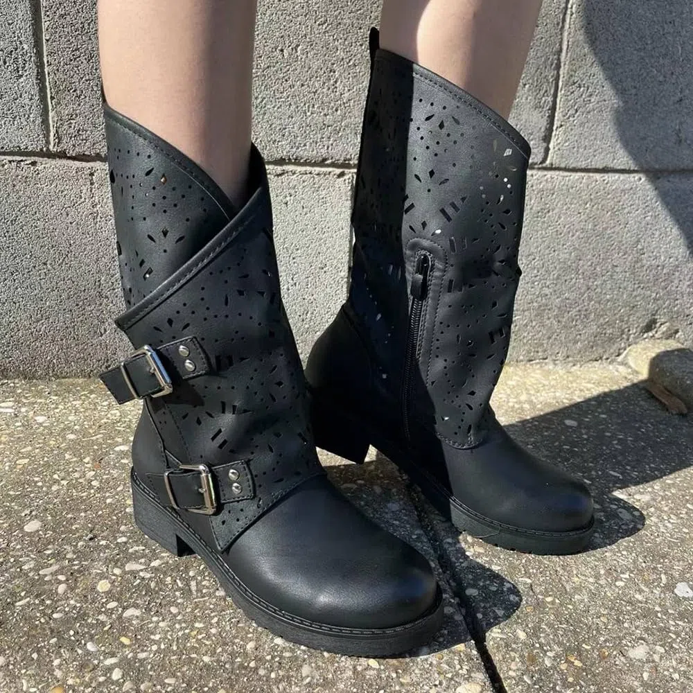 IF Fashion Scarpe Stivali da Donna Al Polpaccio Largo Biker Motociclista Con Fibbie Anfibi WZ688-66