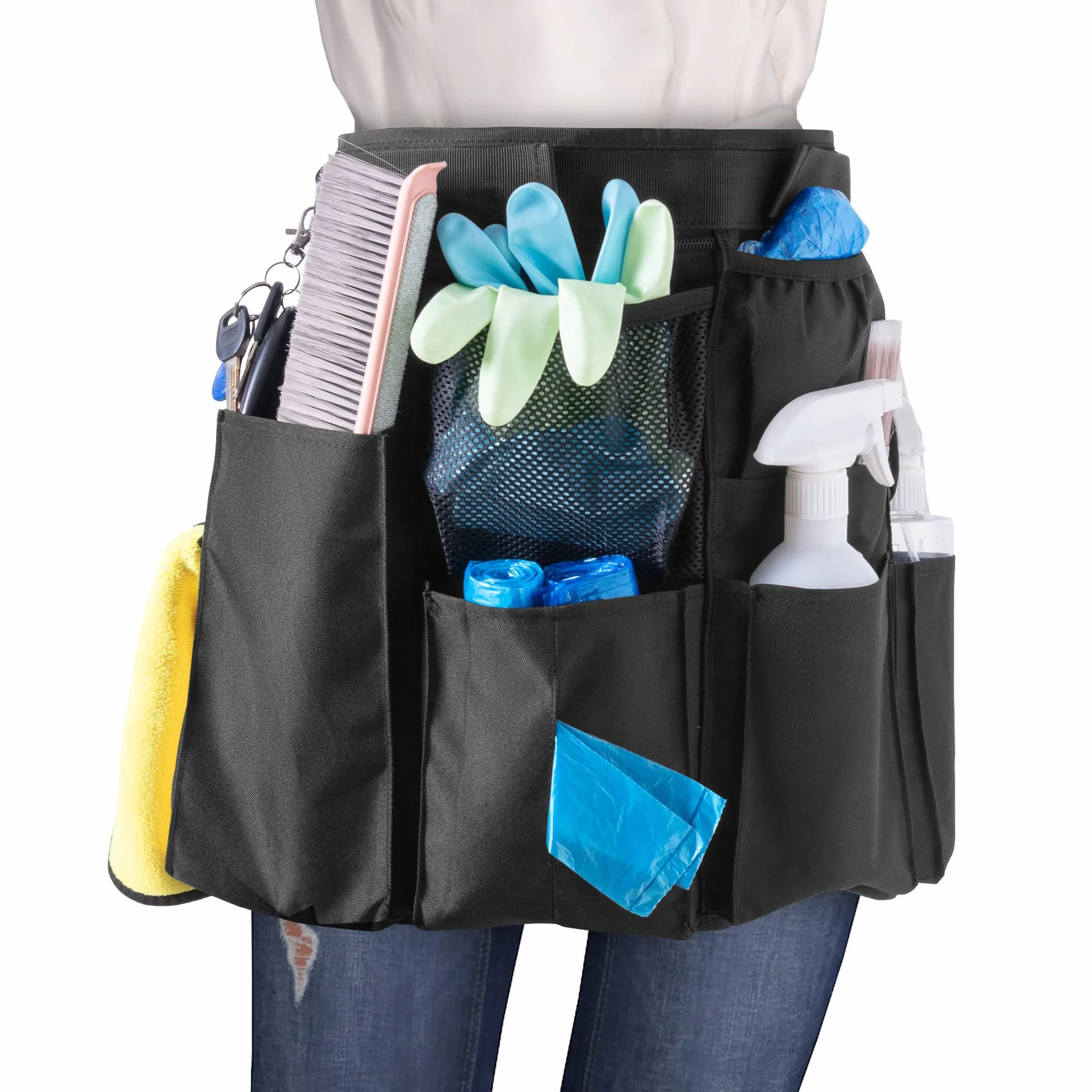 LoDrid Grembiule per la pulizia della casa con 9 tasche, borsa professionale per la pulizia con cintura in vita regolabile, grembiule per la pulizia resistente all'acqua, grembiule per lavoro