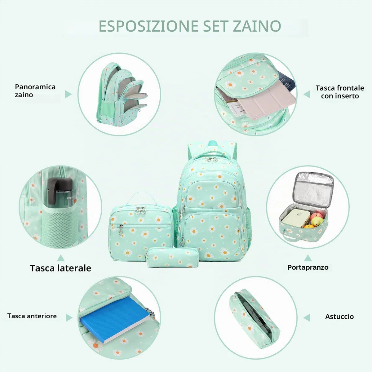 Zaino Ragazze per Scuola Elementare Media Superiore Zaini Ragazza 3 Pezzi con Borsa Termica Astucci Matite Borsa Scuola Ragazzi Zainetti Set per Bambini Zaini Scolastici per PC Portatili