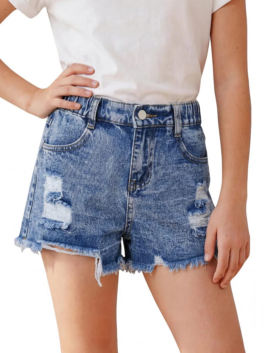Happy Cherry Shorts Denim Ragazze Vita Elastica Estate Jeans Corti Strappati con Tasche Pantaloncini Casual Vintage per Bambine 5-14 Anni