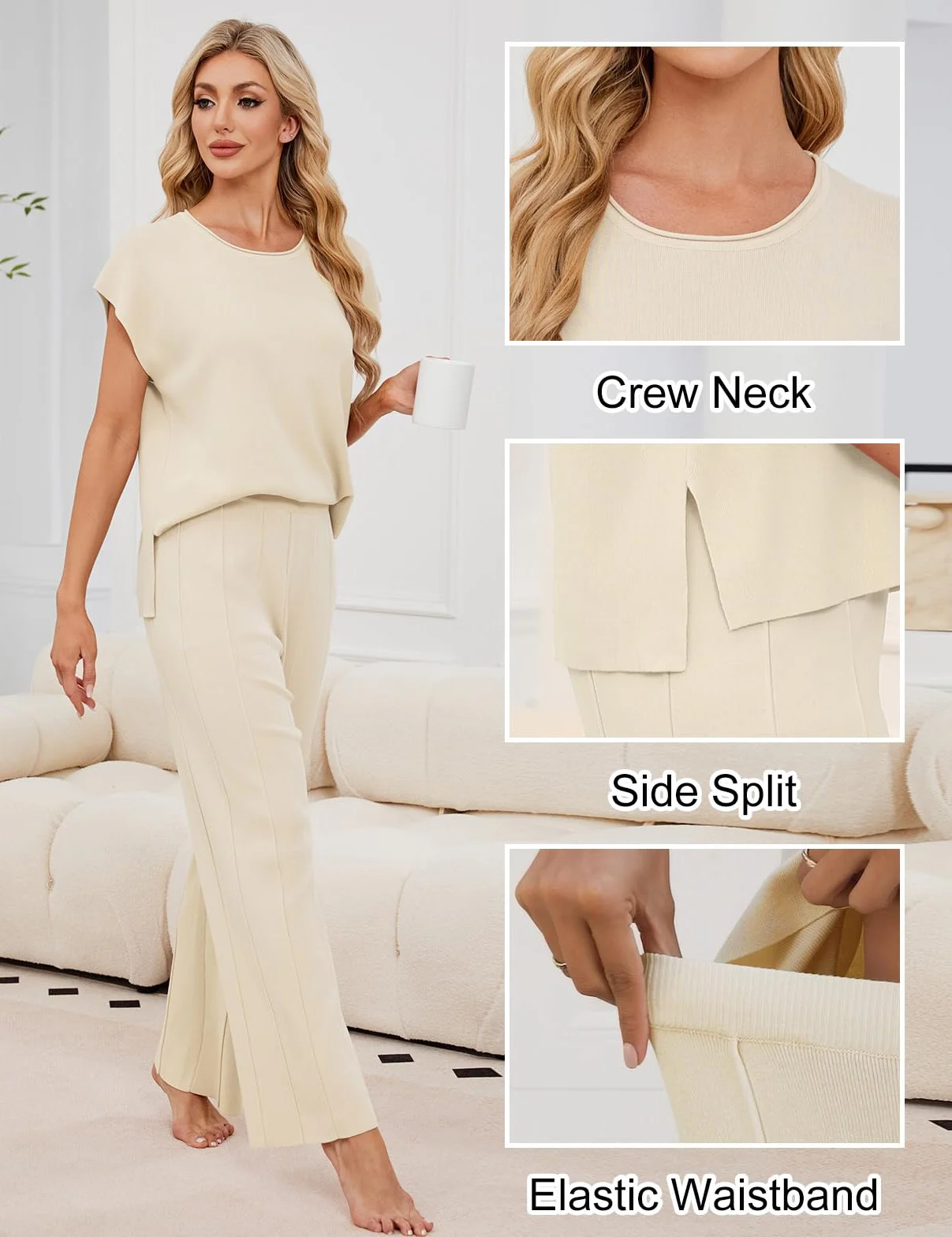 Tuta Donna Completo Estiva Elegante 2 Pezzi Completo in Maglia Casual Maniche Senza Girocollo Pullover Top Elastico in Vita Pantaloni a Gamba Larga Set Per Casa