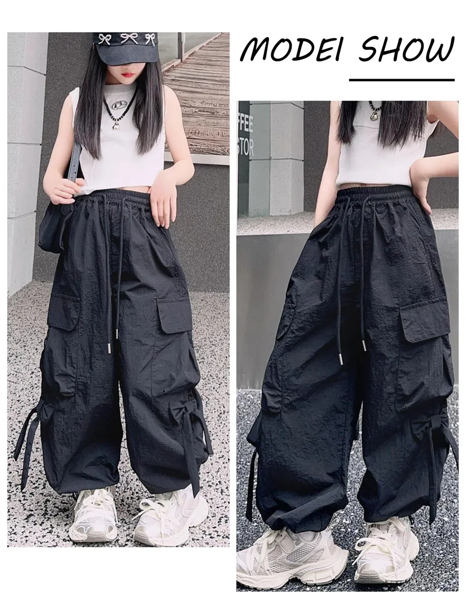 SEAUR Pantaloni cargo da ragazza, per il tempo libero, con elastico in vita, leggeri, sottili, estivi, 4 tasche, tempo libero, streetwear per bambini 5-14 anni