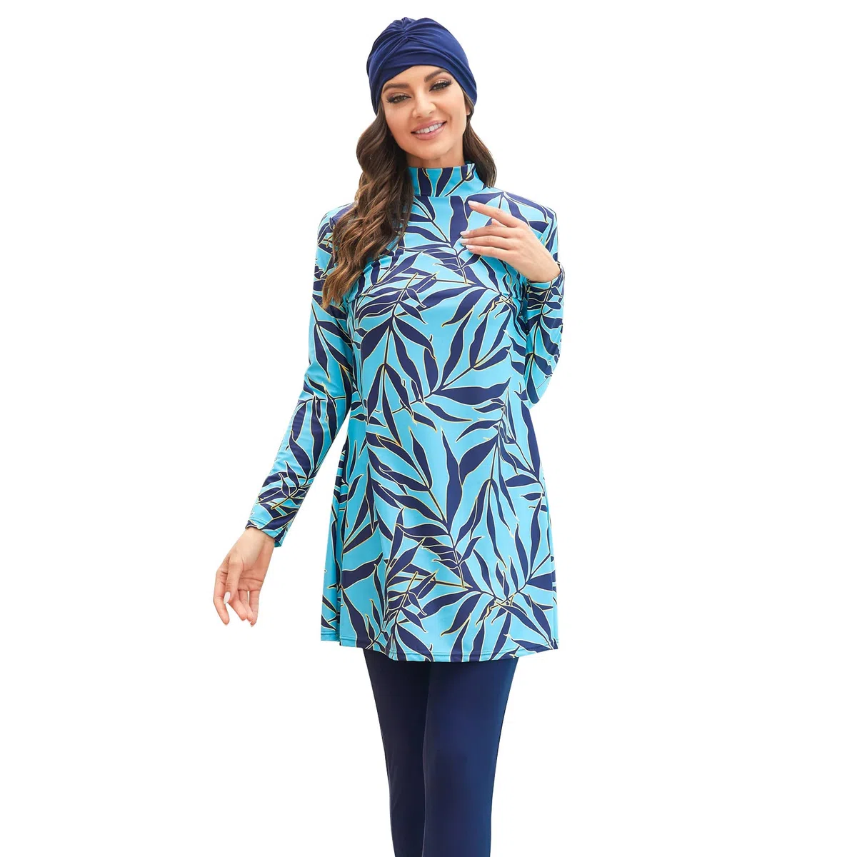 Odizli Maglia da donna musulmana a maniche lunghe con stampa + pantaloni + cuffia da bagno, 3 pezzi Burkini tutto il corpo
