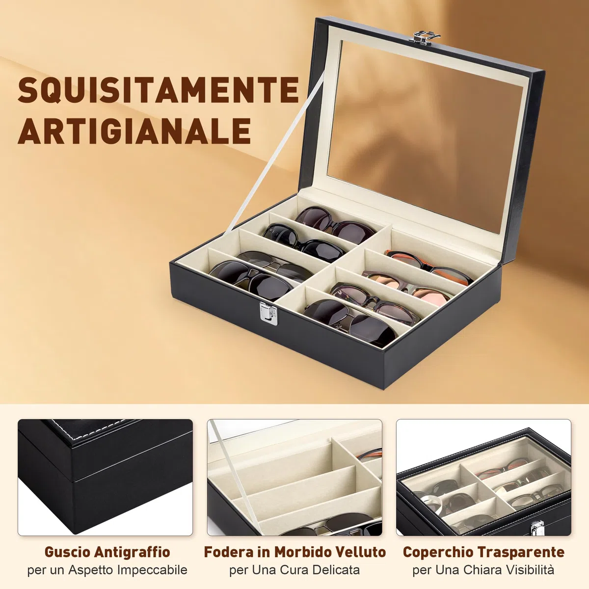 CO-Z Scatola per Occhiali da Sole in Pelle Cassettiera per Conservare e Montare Occhiali/Orologi/Gioielli/Occhiali Scatola Portaoggetti 8 Scomparti (Nero)