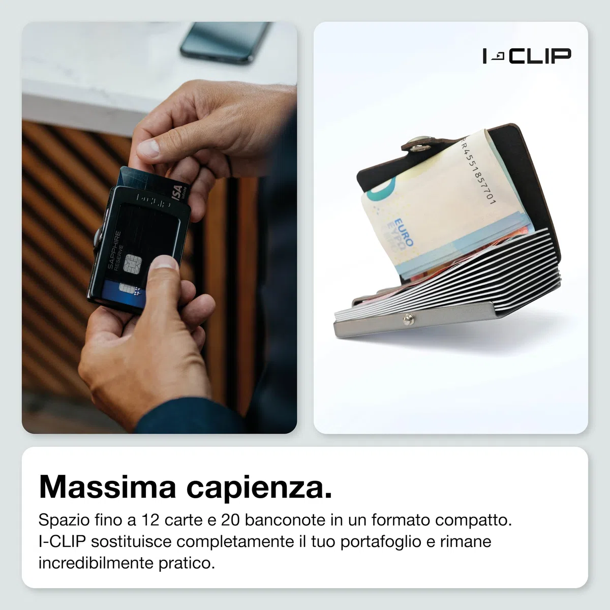 I-CLIP Original Portafoglio Uomo Slim Banconote, Mini Wallet fino a 12 Carte, Portatessere in Vera Pelle, Ultraleggero 22 gr