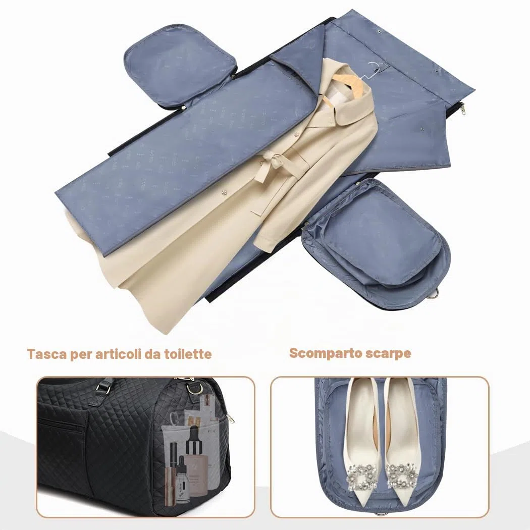 Lekeinchi 2 in 1 Porta Abiti da Viaggio Donna, Impermeabile Borsa da Viaggio Porta Abiti Pieghevole con 6 Cubi da imballaggio e Porta Scarpe, Travel Bag Borsone Uomo for Palestra, Vacanze, Nero