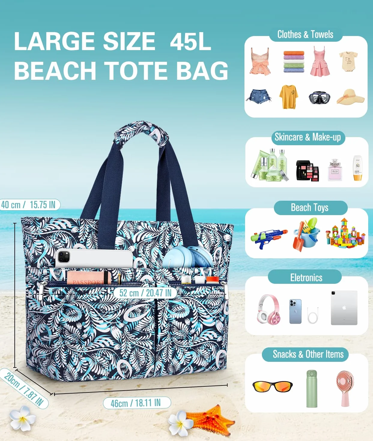 Borsa Mare Donna Grande Borsa Spiaggia Famiglia 45L Impermeabile Borsas Piscina XXL Shopper Tote Bag con Cerniera Borse da Spiaggia Pieghevole per Shopping Viaggio Picnic