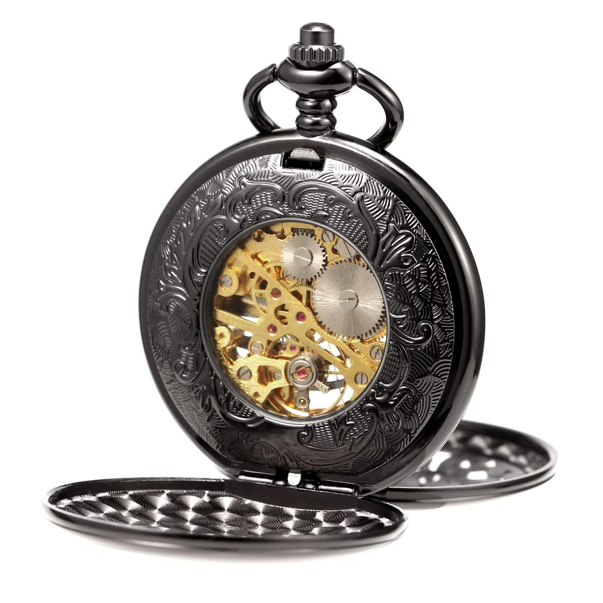 TREEWETO Orologio da tasca meccanico da uomo, con scheletro, drago e scheletro, con doppia apertura, argento/bronzo/nero, custodia da uomo