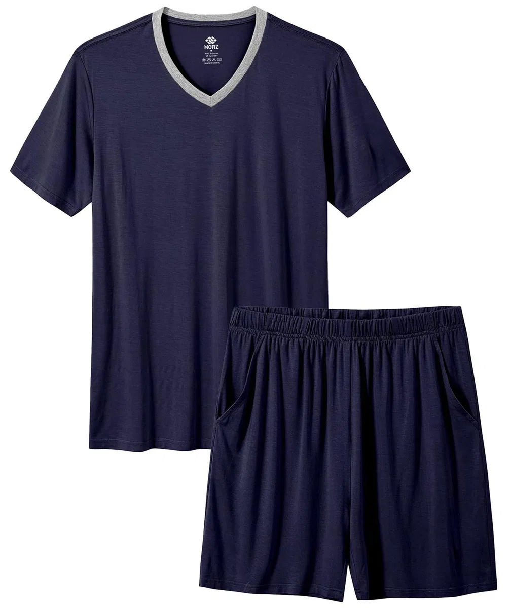 MoFiz Pigiama Uomo Estivo Corto Pigiami Due Pezzi da Uomo Set Manica Corta Scollo a V Pigiama Camicia e Pantaloncini Morbido Comoda con Tasche