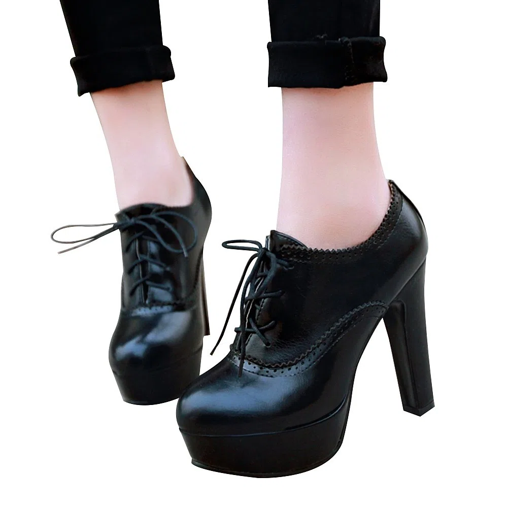 Donna Elegante Piattaforma Alta Tallone di Blocco Scarpette Brogue Oxfords Tacchi a Spillo Grandi Dimensioni