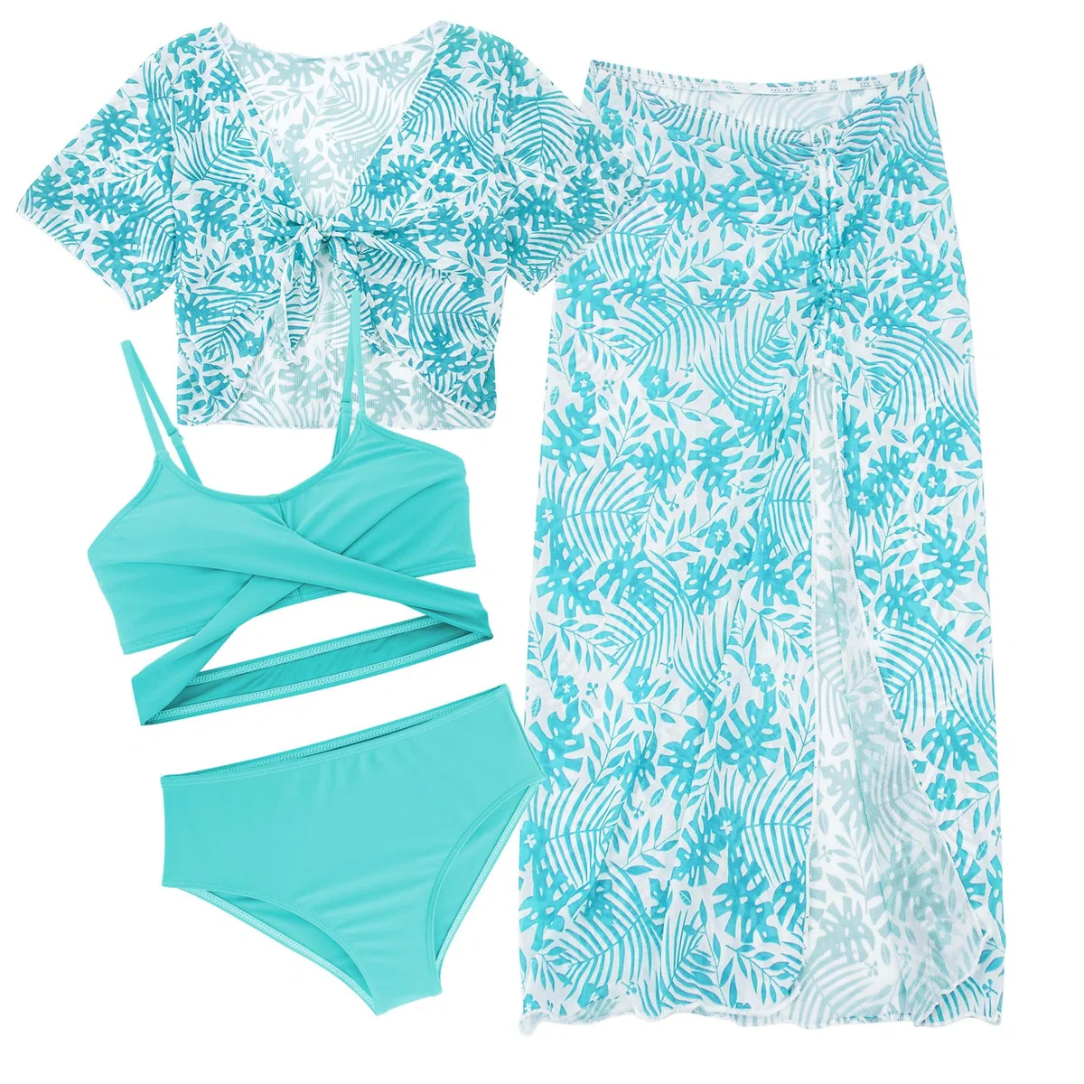 AIEOE Set 4 Pezzi Tie-Dye Costume Nuoto Ragazze Bambine Bikini Protezione Solare Set Swimwear con Gonna Lunga 8-12 Anni
